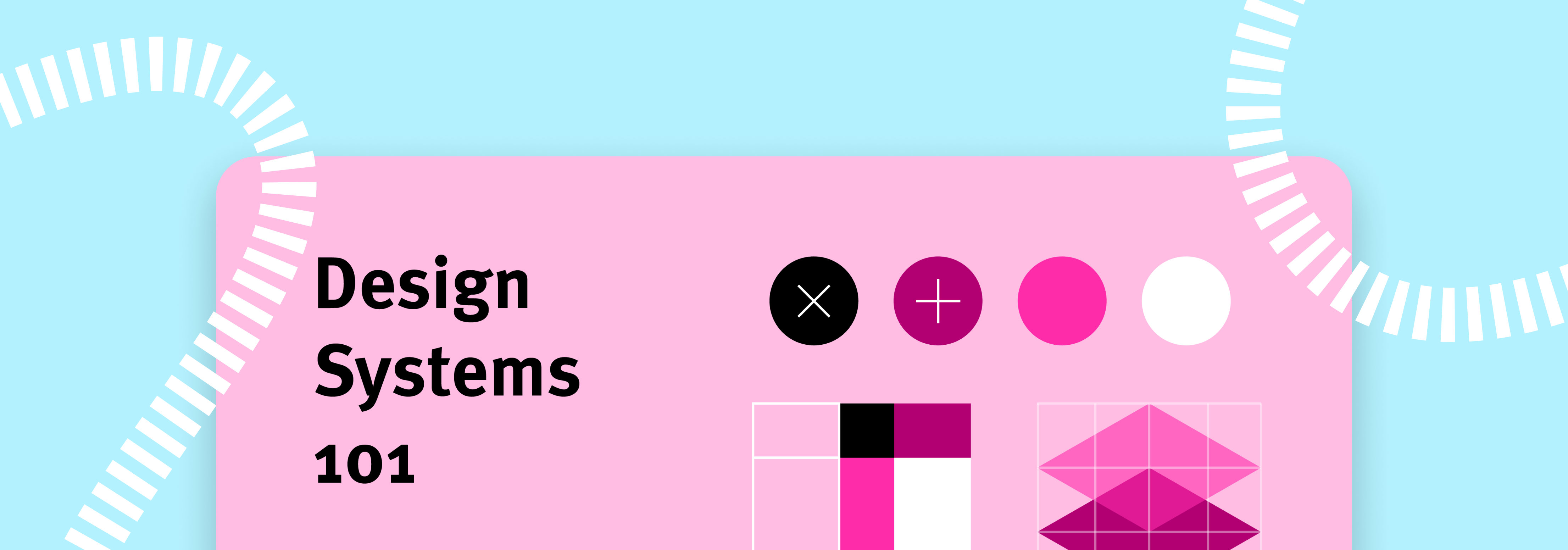 Image showing design system elements such as low fidelity buttons and shapes, on a pink and blue background