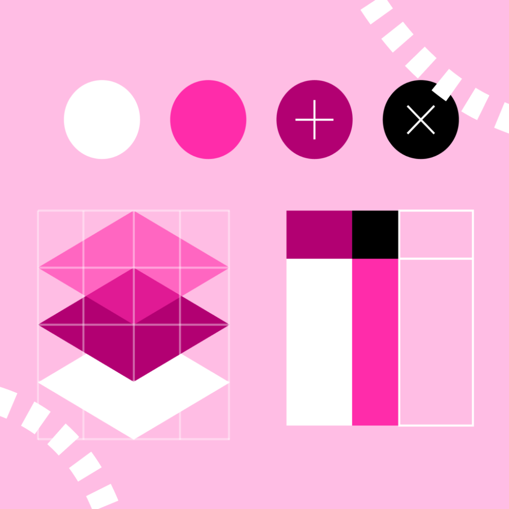 Image showing design system elements such as low fidelity buttons and shapes, on a pink and blue background