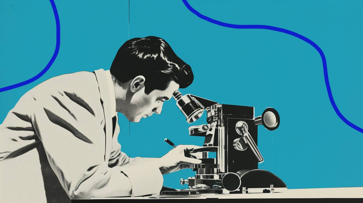 1950s black and white photo of person using microscope