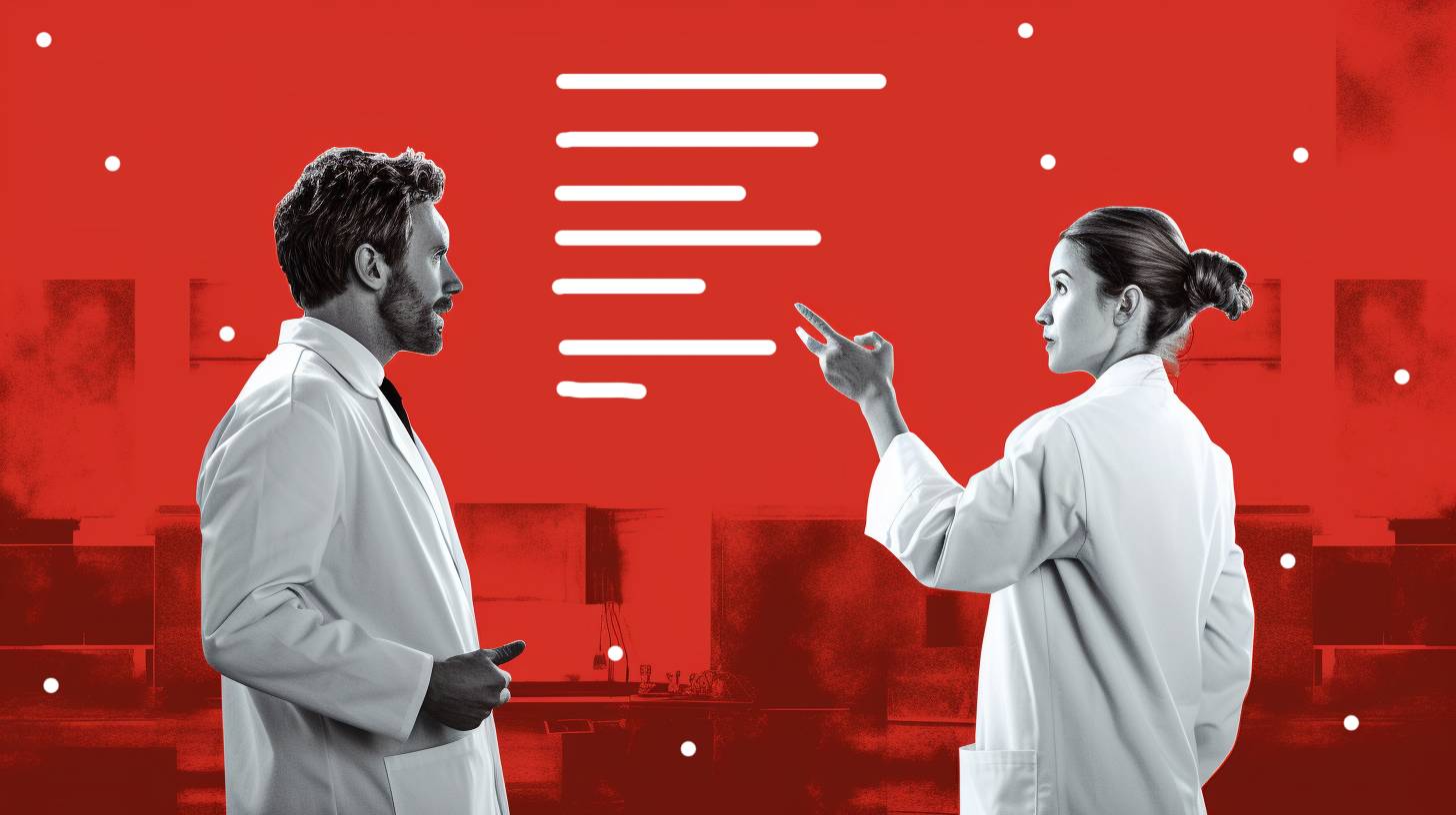 black and white photo of people in lab coats talking, plain red background