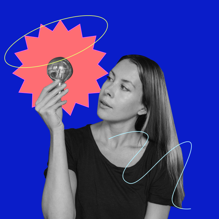 Image of a woman holding a lightbulb with starburst and scribble illustrations overlayed