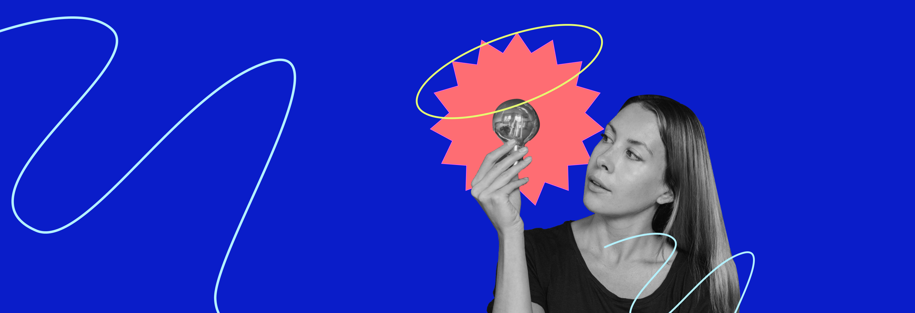 Image of a woman holding a lightbulb with starburst and scribble illustrations overlayed