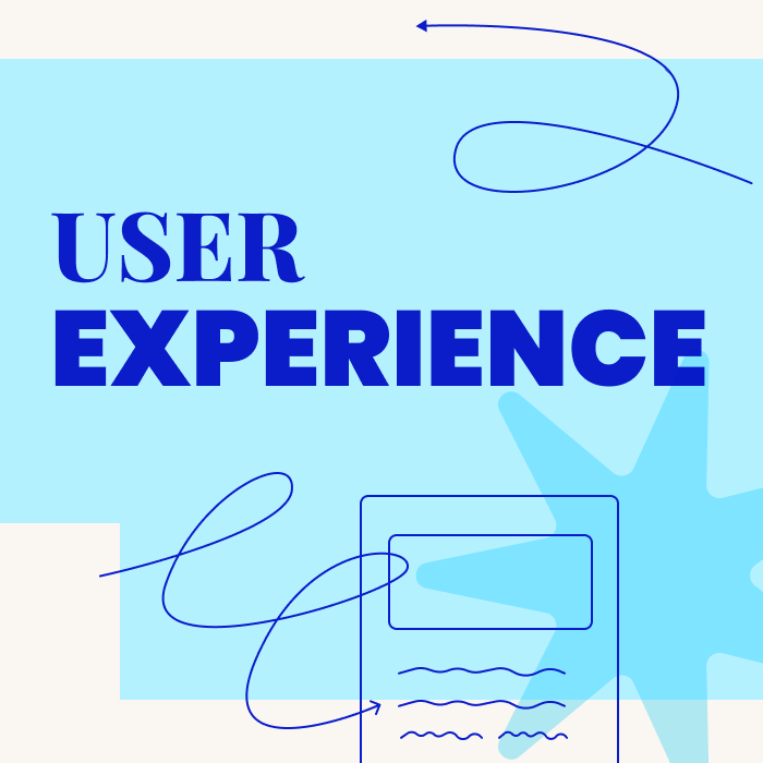 Illustration of a wireframe, starburst and scribbles, with text displaying "user experience"