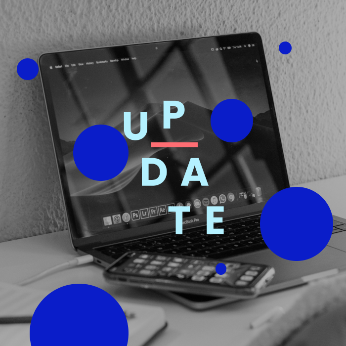 Image of a laptop and phone with overlayed circles and text displaying "update'