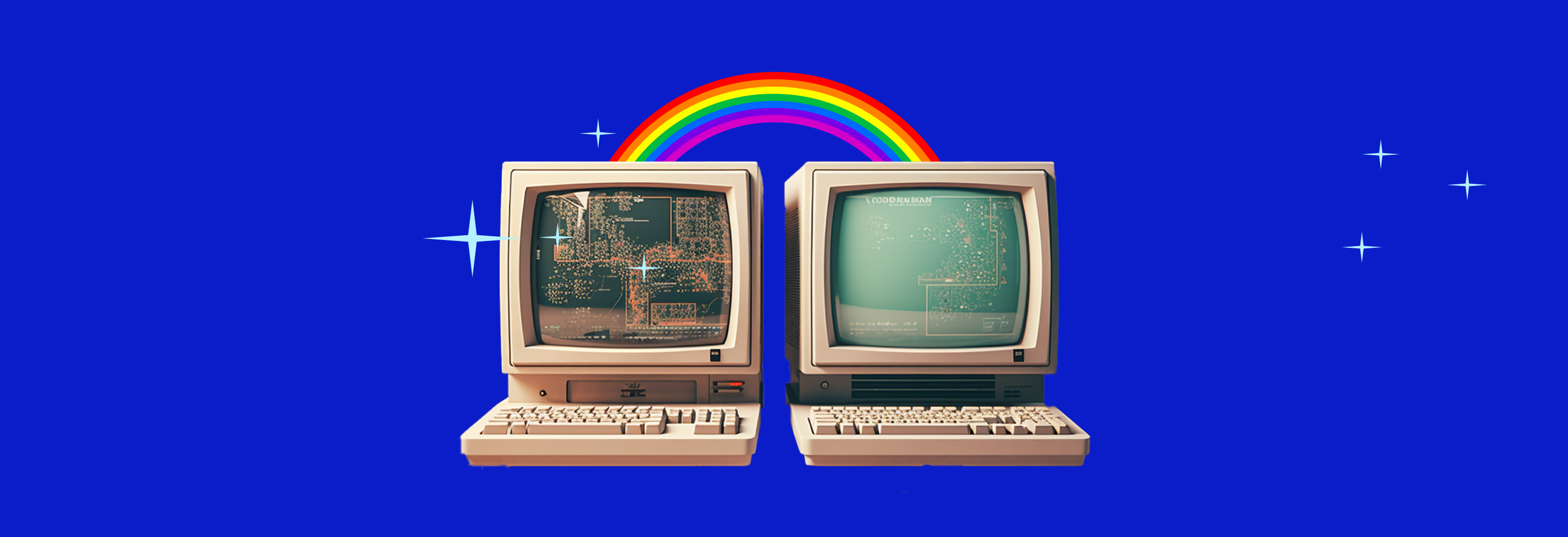 Image of two retro PCs with overlayed star and rainbow illustrations