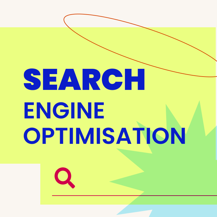 Illustrations of a magnifying glass, starburst and scribbles, with text displaying "search engine optimisation" overlayed