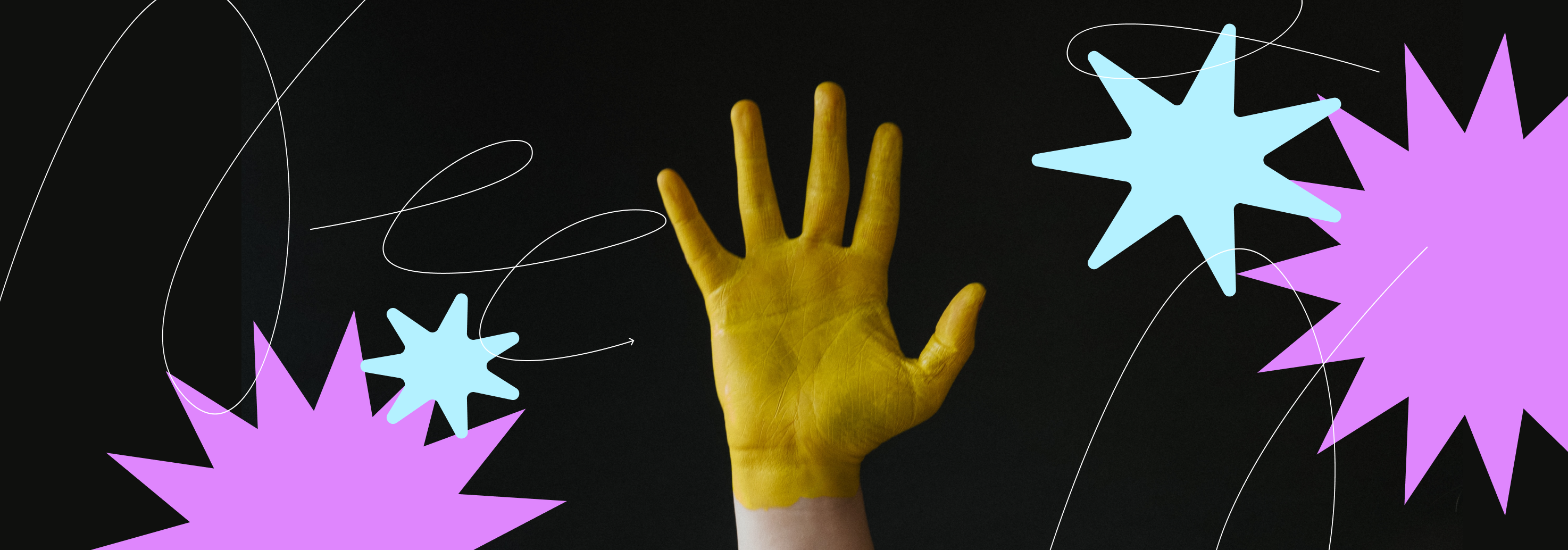 Image of a yellow hand with starburst and scribble illustrations