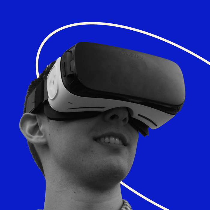 Image of a man wearing a VR headset with scribble illustrations overlayed