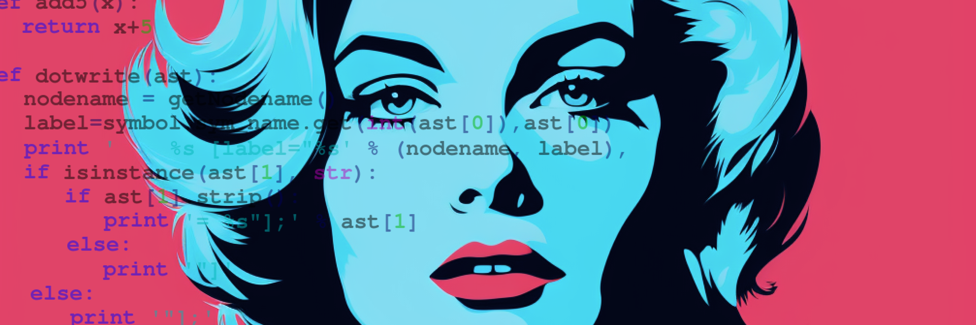 Image includes lines of code overlayed over a pop art style woman illustration