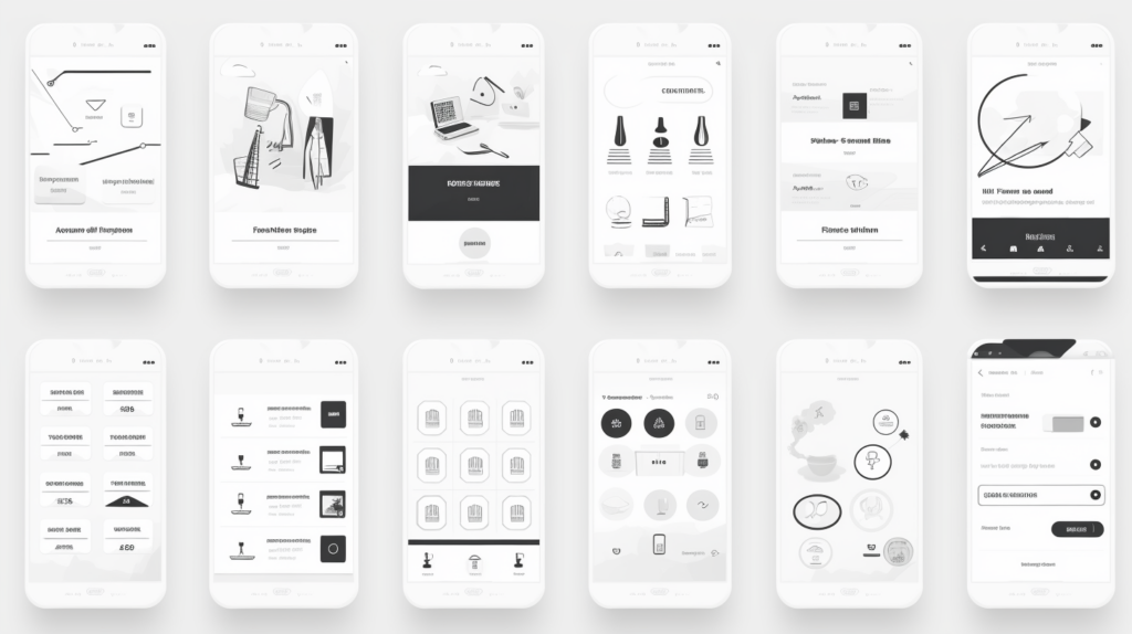 flat illustration, mobile app size, black and white layout, step by step, forms, mobile navigation, prototype