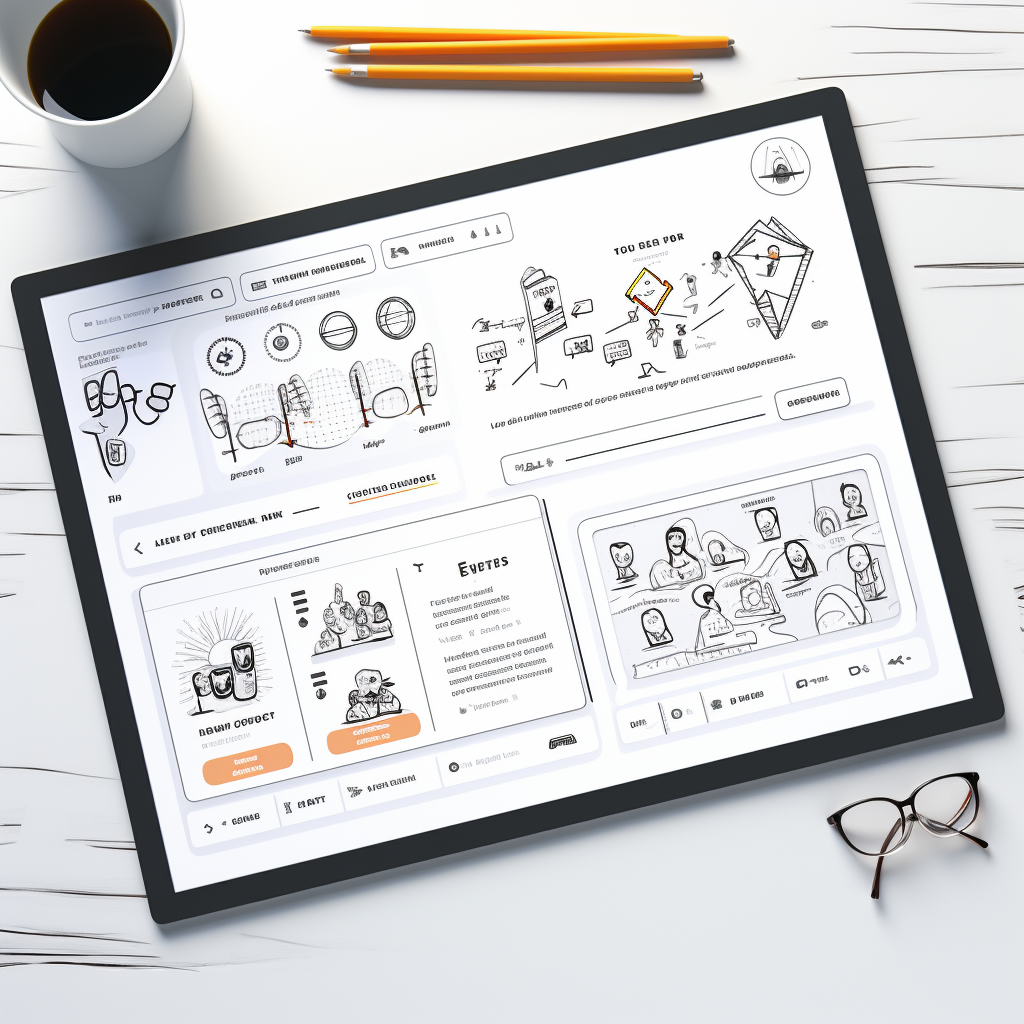 line drawing illustration prototype, Ui design process, user journey, website design