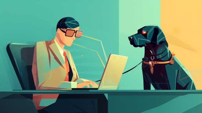 modern illustration of blind person, with seeing guide dog, using a computer