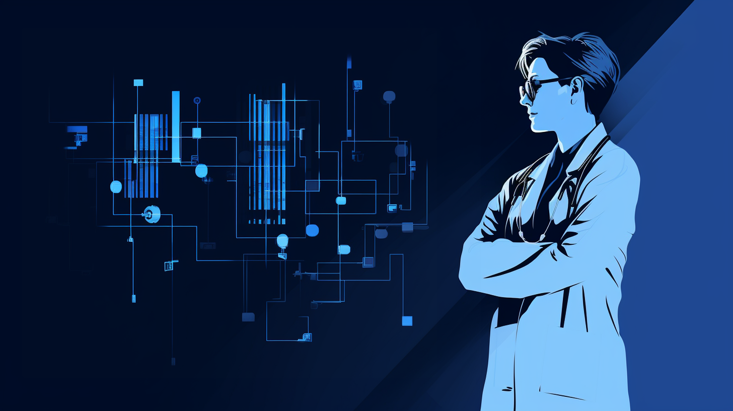black and white photo of medical man or woman in lab coat, simple dark blue background with computer code