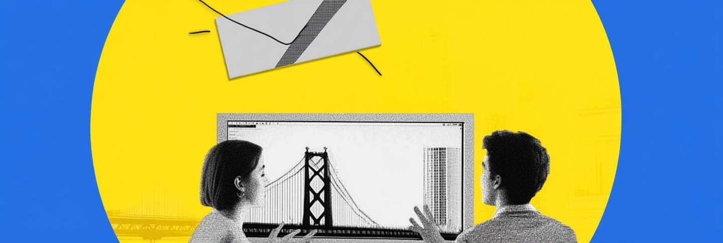 Simple Collage of 3-6 objects, Computer, bridge, yellow circle, two people talking