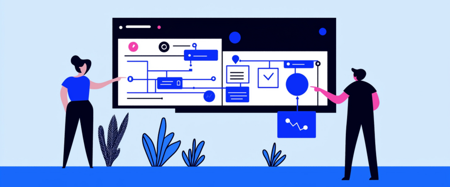 Illustration of people pointing at screen