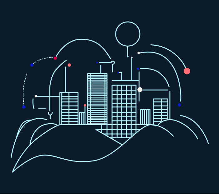 Illustration of a city scape with connecting lines