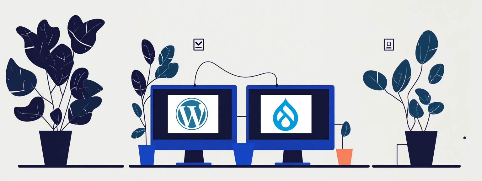 Illustration of two computers with WordPress and Drupal logos