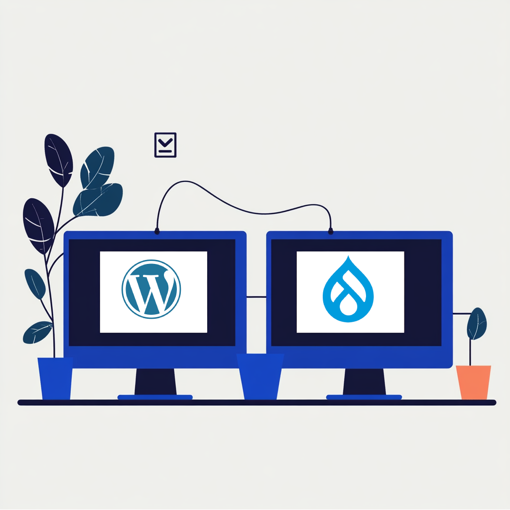 Illustration of two computers with WordPress and Drupal logos