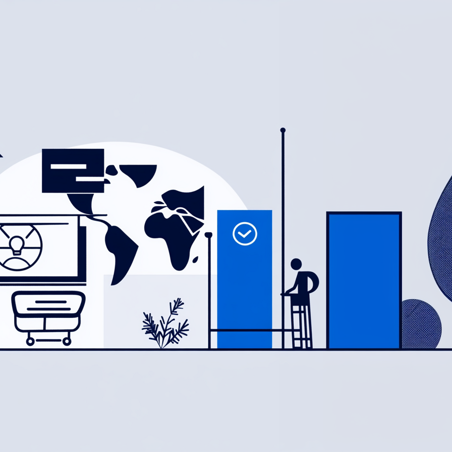 Flat Style Illustration of people working together, technology and the world in the background