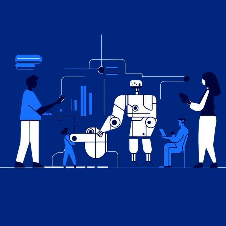 Illustration of a people working with a robot
