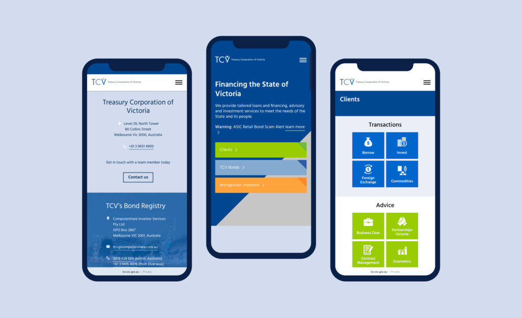 Images of the Treasury Corporation Victoria website on mobiles