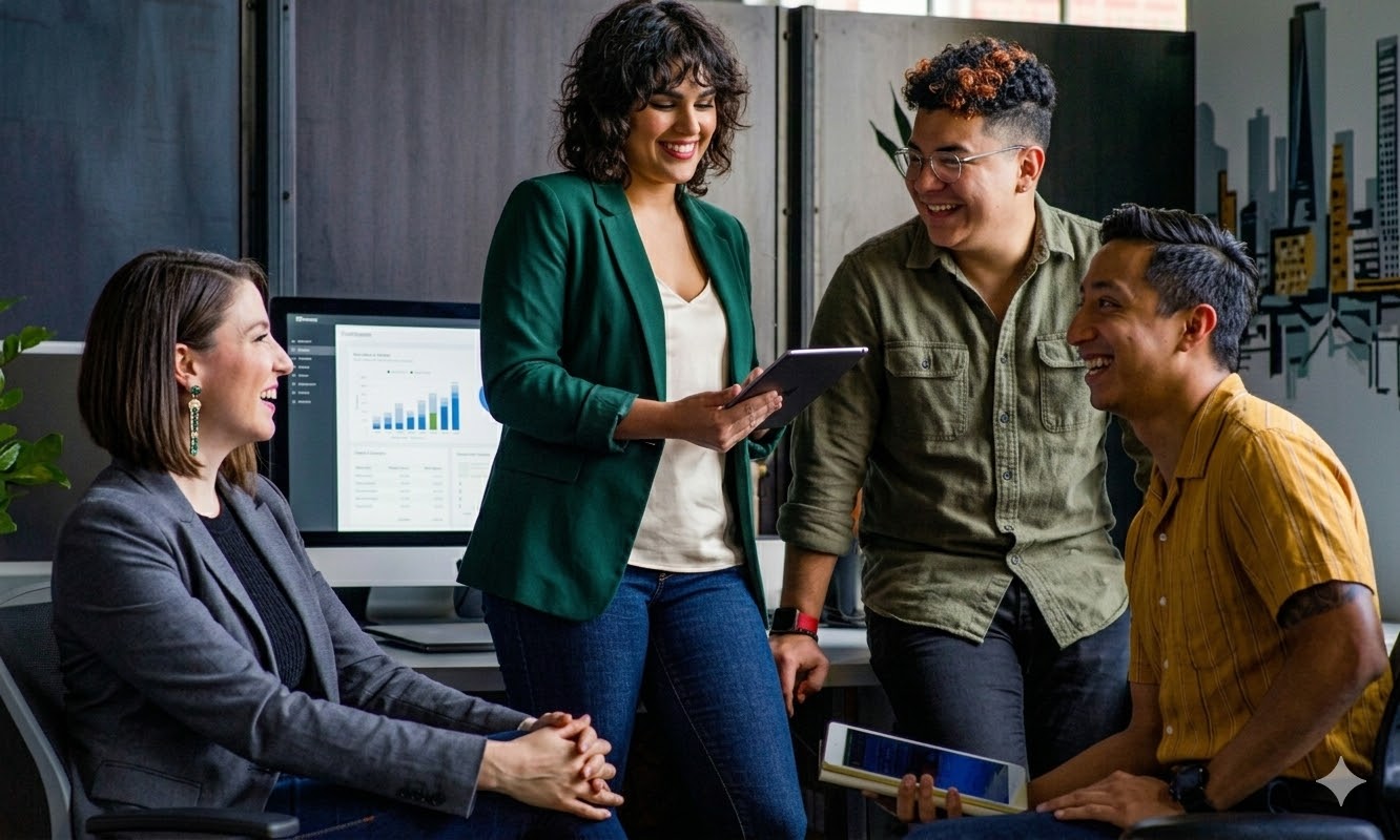 Four happy people in an office environment